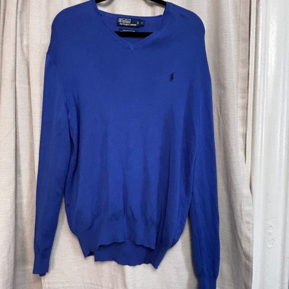 Polo Ralph Lauren Mens Blue Pima Cotton V-Neck Sweater
